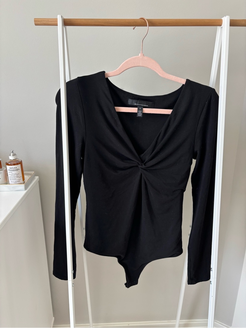 WHBM Black Long-Sleeve Twist V-Neck Bodysuit